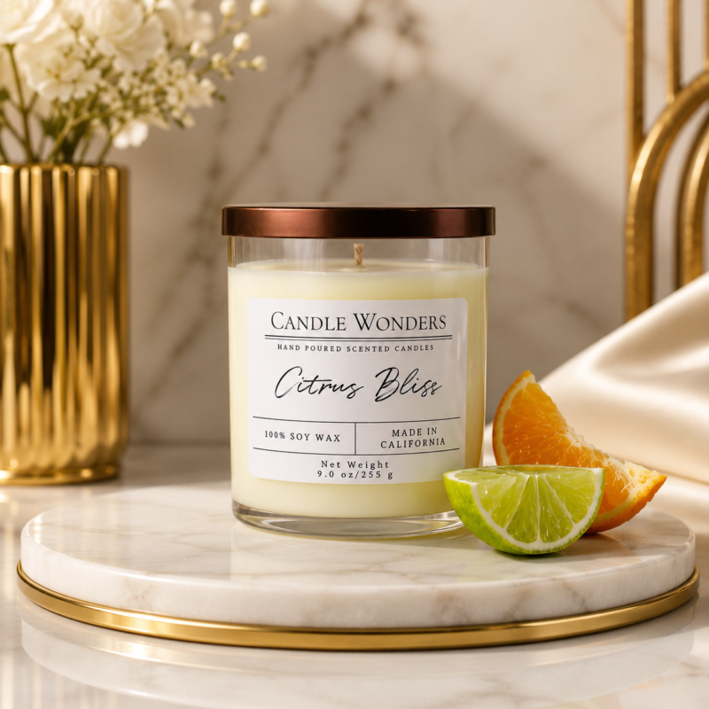 Luxury Citrus Bliss soy wax candle by Candle Wonders displayed on a premium marble tray with fresh citrus slices and elegant gold accents in a high-end minimalist setting.