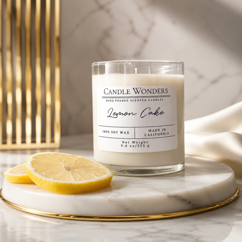 Luxury Lemon Cake soy wax candle by Candle Wonders in a premium glass jar with lemon slices on a marble tray, featuring eco-friendly hand-poured soy wax and clean minimalist styling.