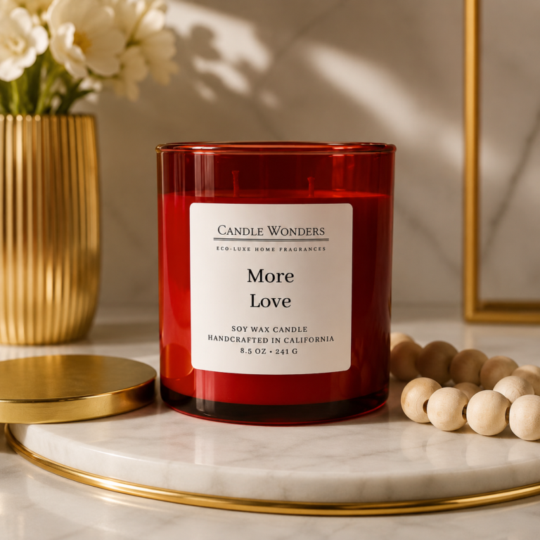 Luxury More Love soy wax candle by Candle Wonders in a premium red glass jar with gold lid displayed on a marble tray with elegant gold accents and soft floral-inspired styling.